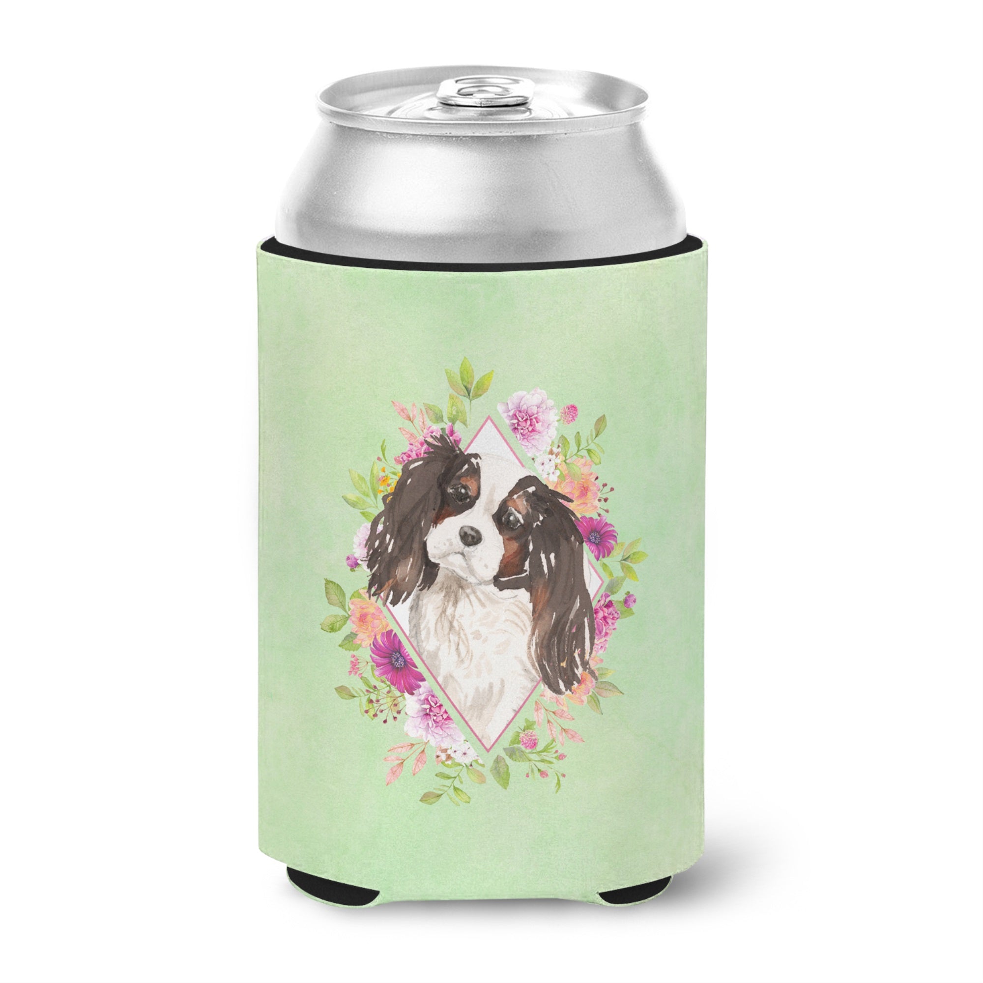 Tricolor Cavalier Spaniel Green Flowers Can Or Bottle Hugger